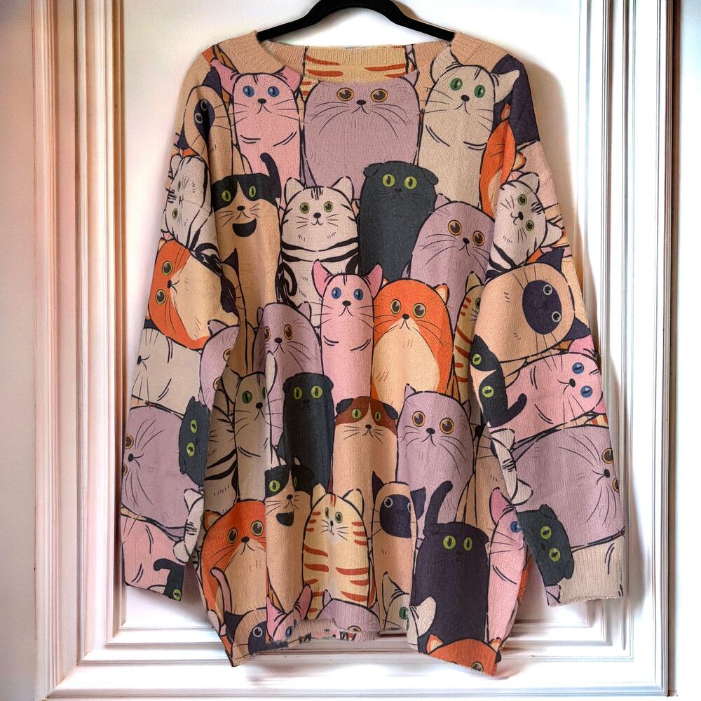 YESNO NWOT Cotton Wool Cat Graphic Oversized Crewneck Sweater XL